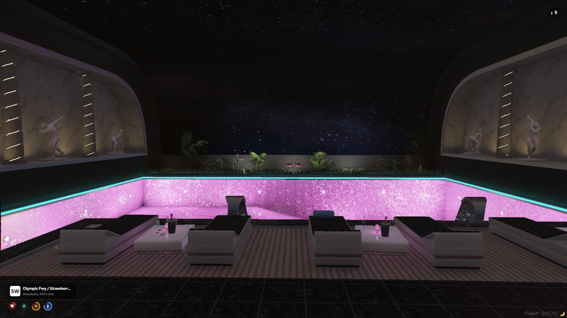 Indoor pool lounge with neon lighting